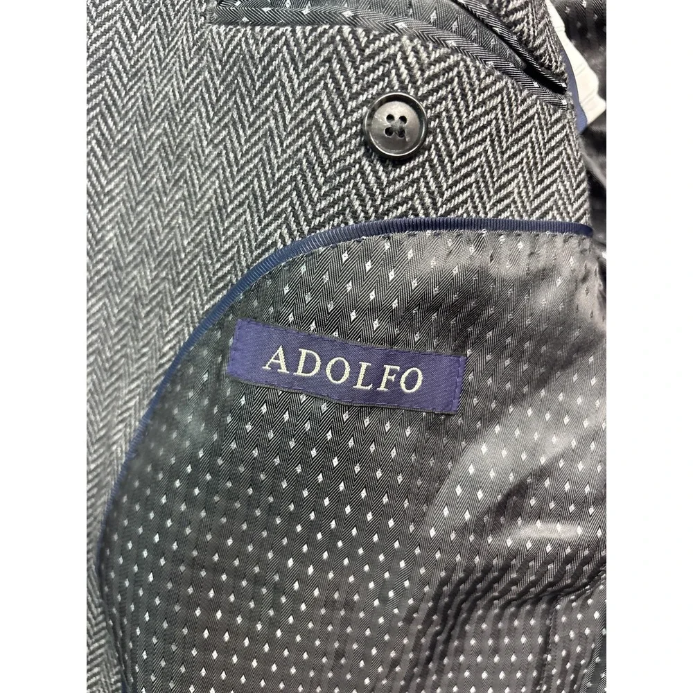 Adolfo 40S Gray Black Herringbone Tweed Lambswool Blazer Jacket Sport Suit Coat